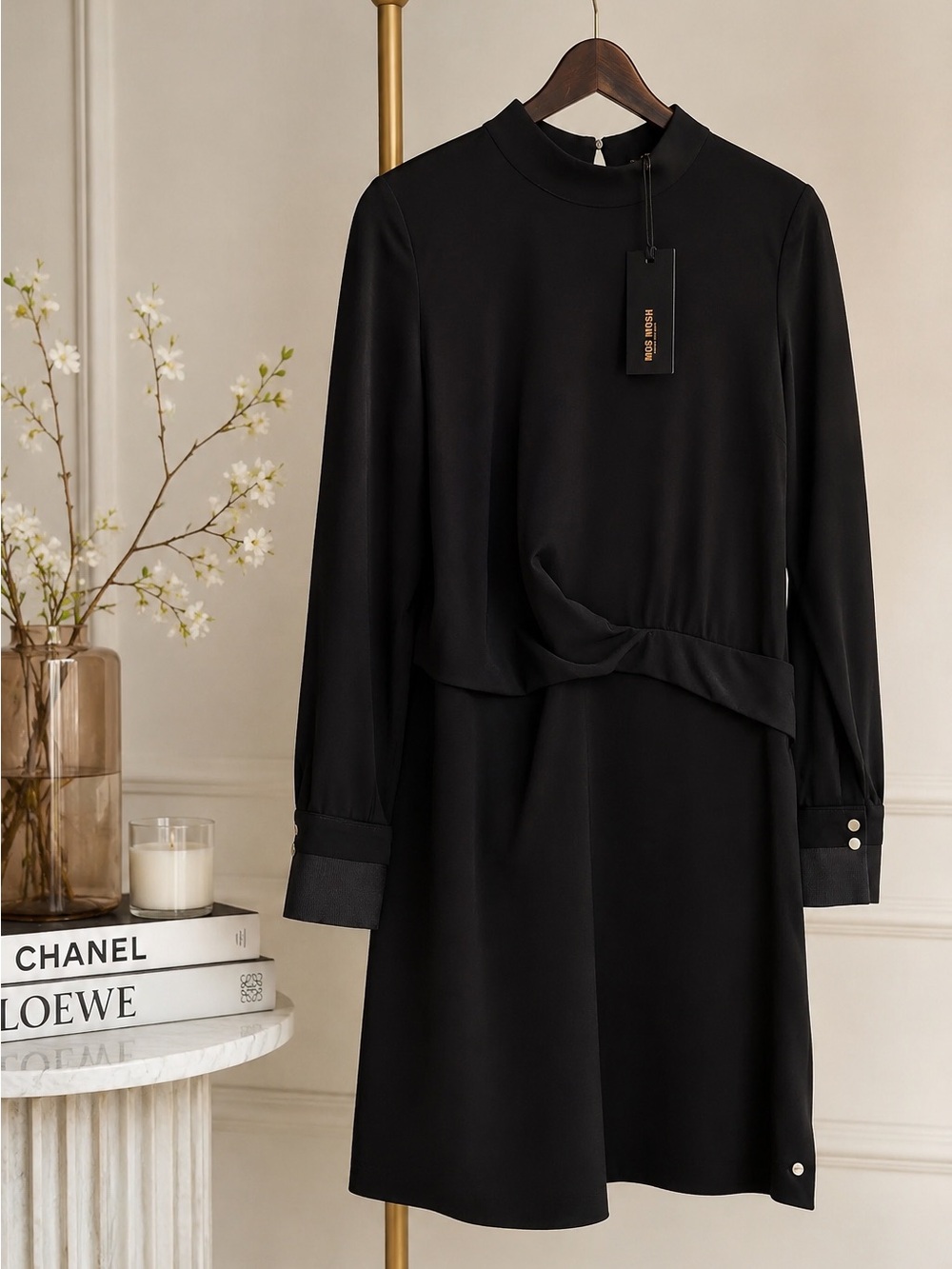 MOS MOSH Morgan Dress Black Mock Neck Long Sleeve Draped Dress Size 40 NWT